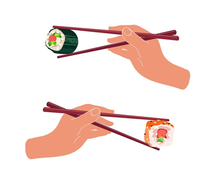 Vettore illustrazione vettoriale di due mani che tengono un rotolo di sushi con le bacchette
