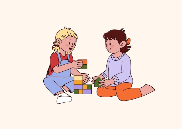 Illustrazione vettoriale di due ragazze che giocano con blocchi di giocattoli colorati sul pavimento della stanza del bambino