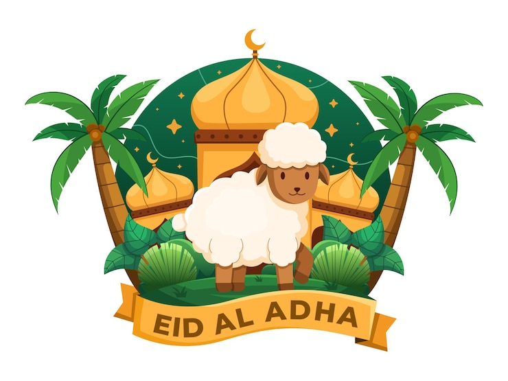Vettore illustrazione vettoriale di eid aladha con un'affascinante pecora dei cartoni animati davanti a una moschea con una palma