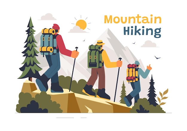 Illustrazione vettoriale di escursioni in montagna con persone con zaini e pali da passeggio che camminano su un sentiero in un paesaggio di montagna tranquillo