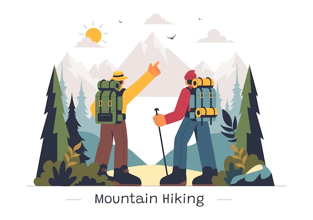 Illustrazione vettoriale di escursioni in montagna con persone con zaini e pali da passeggio che camminano su un sentiero in un paesaggio di montagna tranquillo