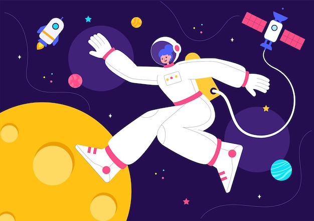 Illustrazione vettoriale di esplorazione spaziale con un astronauta che galleggia nello spazio tra i pianeti e un razzo che si imbarca in un'avventura galattica