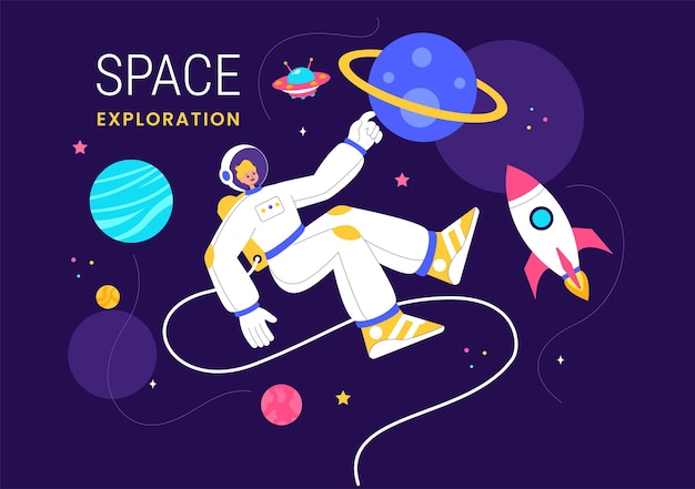 Illustrazione vettoriale di esplorazione spaziale con un astronauta che galleggia nello spazio tra i pianeti e un razzo che si imbarca in un'avventura galattica