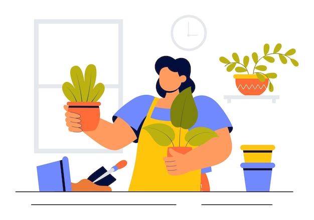 Illustrazione vettoriale di giardinaggio domestico con persone che piantano giardini, fiori e piante in casa e all'aperto in un contesto di concetto di natura