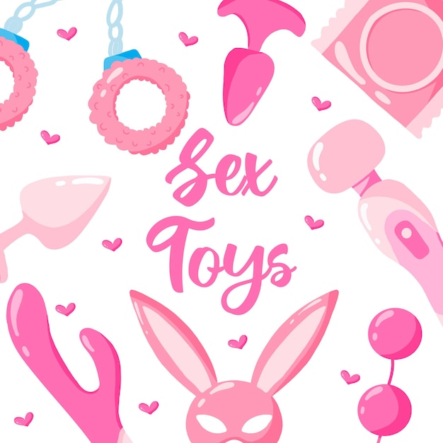 Illustrazione vettoriale di giocattoli sessuali Poster con giocattoli sessuali per un sexy shop Giocattoli per adulti Illustrazione vettoriale