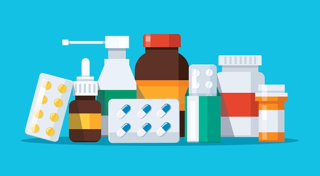 Illustrazione vettoriale di gruppi di bottiglie di farmaci e capsule