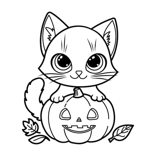 Illustrazione vettoriale di Halloween di un gattino carino seduto su una zucca intagliata perfetta per la pagina da colorare