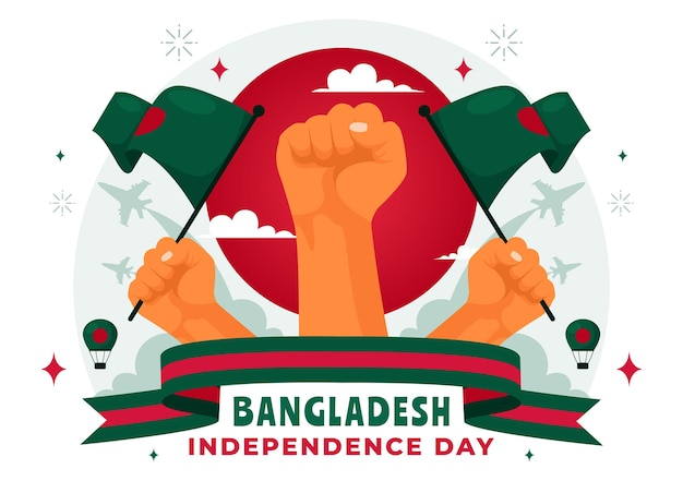 Illustrazione vettoriale di Happy Bangladesh Independence Day con bandiera sventolata e monumento nazionale