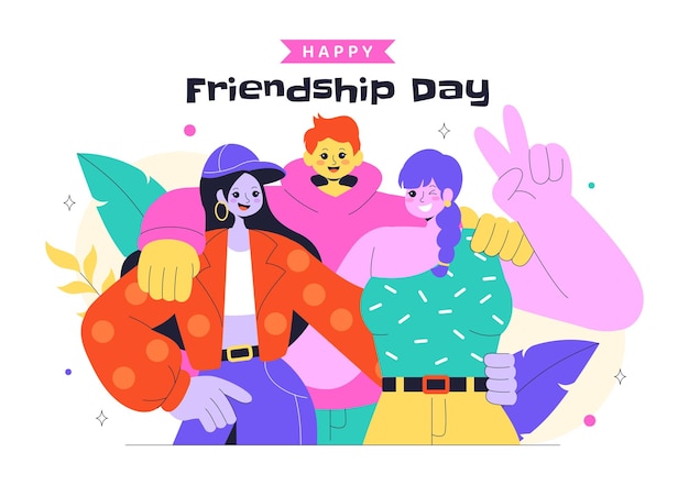 Illustrazione vettoriale di Happy Friendship Day con ragazzi e ragazze che si abbracciano o mettono le mani insieme su uno sfondo piatto