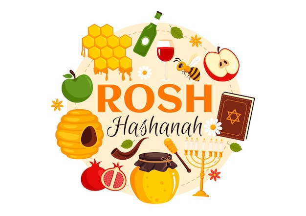 Illustrazione vettoriale di Happy Rosh Hashanah del Capodanno ebraico con miele di mele, melograno e api in sfondo a cartone animato in stile piatto