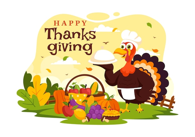 Illustrazione vettoriale di Happy Thanksgiving Day con foglie di zucca di tacchino e vari altri elementi in uno sfondo a cartone animato di stile piatto
