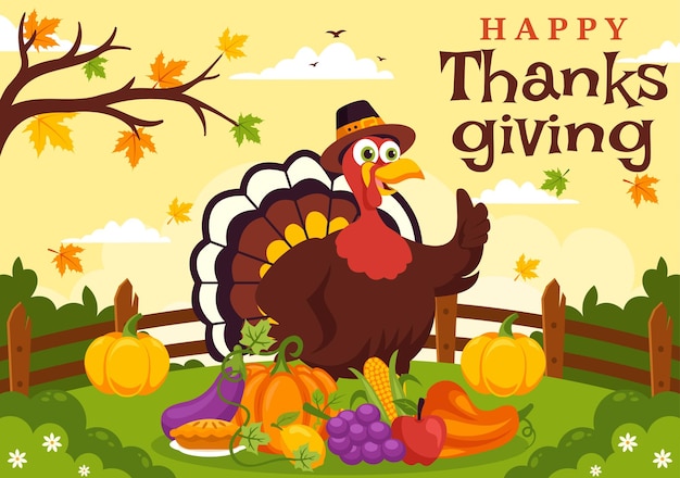 Illustrazione vettoriale di Happy Thanksgiving Day con foglie di zucca di tacchino e vari altri elementi in uno sfondo a cartone animato di stile piatto