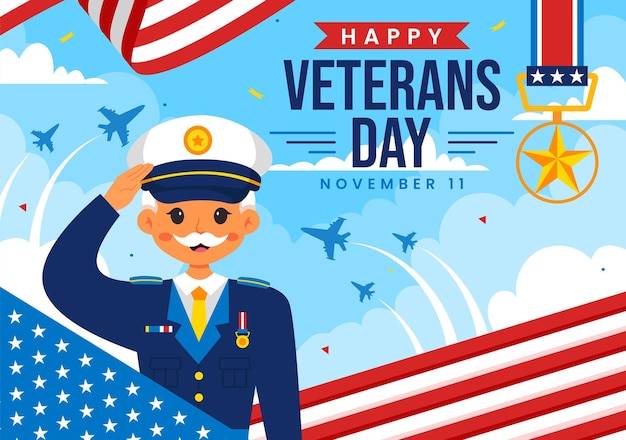 Illustrazione vettoriale di Happy Veterans Day l'11 novembre con la bandiera degli Stati Uniti e i soldati che onorano tutti coloro che hanno servito su uno sfondo a cartone animato a stile piatto
