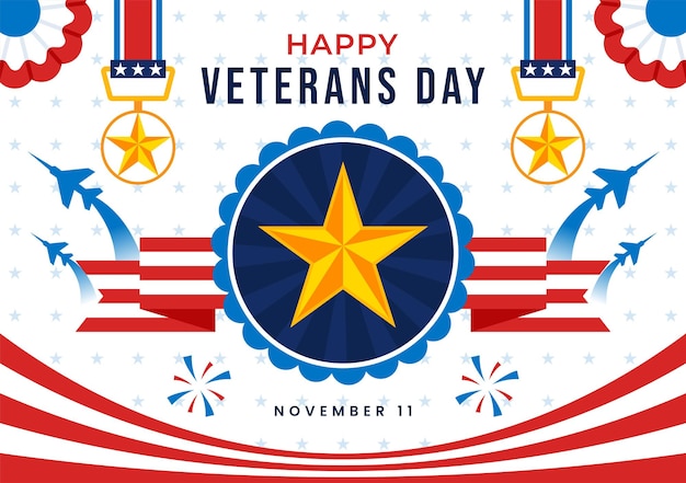 Illustrazione vettoriale di Happy Veterans Day l'11 novembre con la bandiera degli Stati Uniti e i soldati che onorano tutti coloro che hanno servito su uno sfondo a cartone animato a stile piatto
