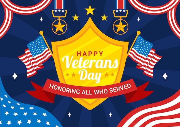 Illustrazione vettoriale di Happy Veterans Day l'11 novembre con la bandiera degli Stati Uniti e i soldati che onorano tutti coloro che hanno servito su uno sfondo a cartone animato a stile piatto