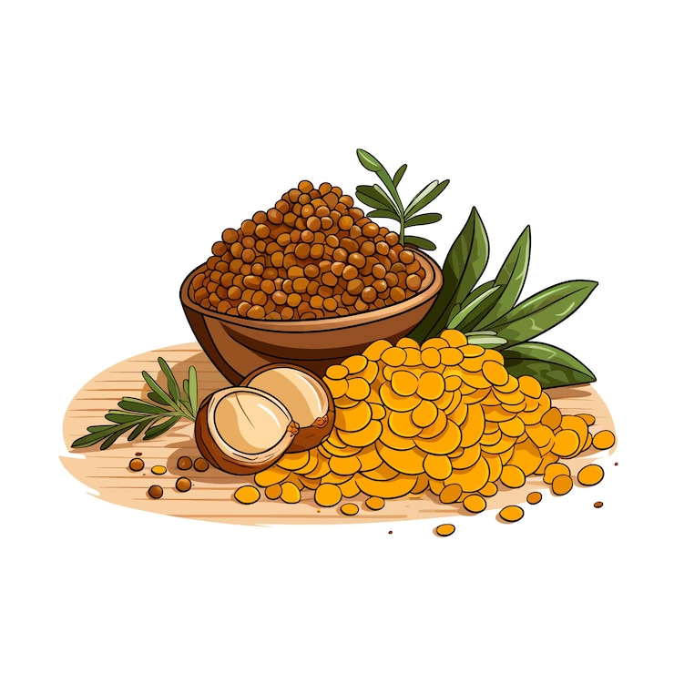 Vettore illustrazione vettoriale di lenti e curcuma disegnata a mano clipart sullo sfondo bianco