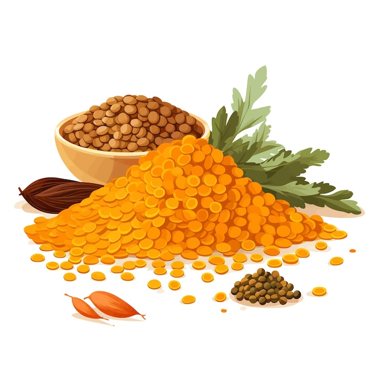 Vettore illustrazione vettoriale di lenti e curcuma disegnata a mano clipart sullo sfondo bianco