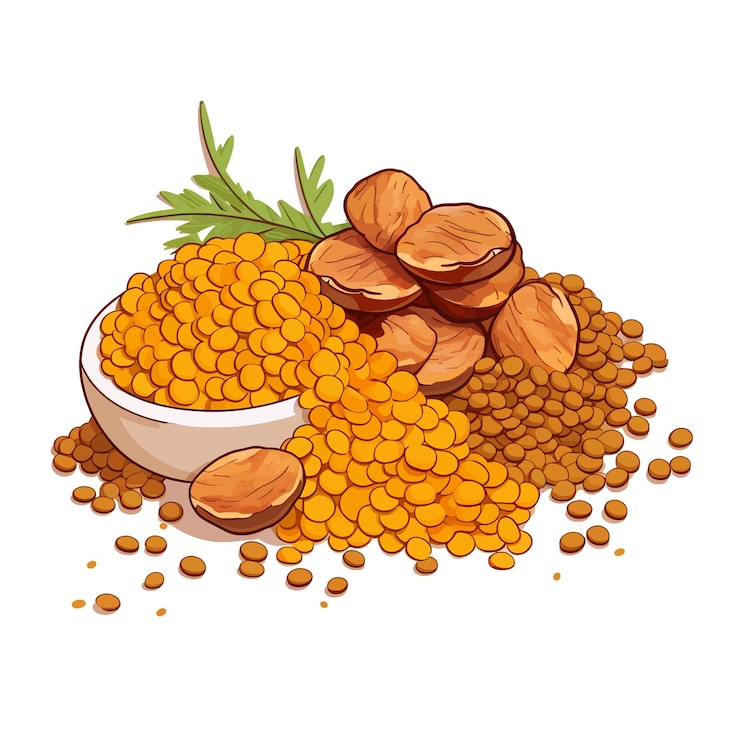 Vettore illustrazione vettoriale di lenti e curcuma disegnata a mano clipart sullo sfondo bianco