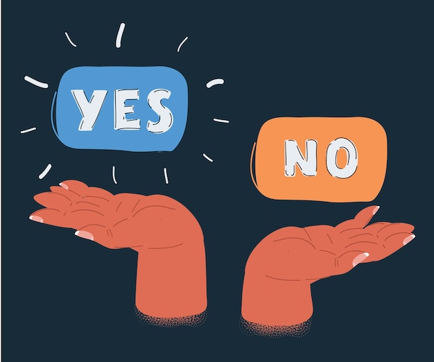 Illustrazione vettoriale di mani che tengono la scala per pesare risposta a YES o NO domanda in equilibrio Oggetto su sfondo scuro