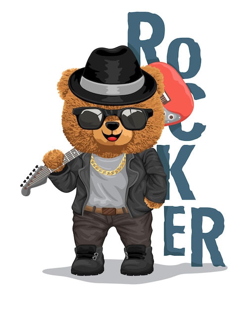 Illustrazione vettoriale di orsacchiotto in costume rocker che porta la chitarra elettrica sulla spalla