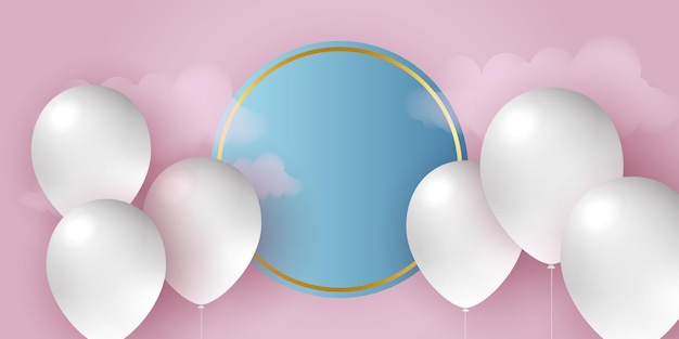 Illustrazione vettoriale di palloncini bianchi rosa blu Modello di sfondo di celebrazione Banner di celebrazione con...