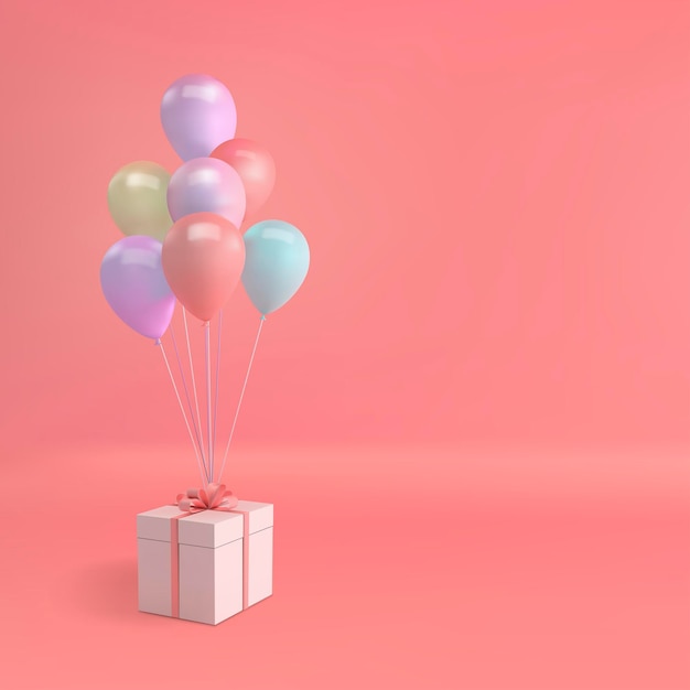 Illustrazione vettoriale di palloncini realistici e confezione regalo con fiocco su sfondo rosa