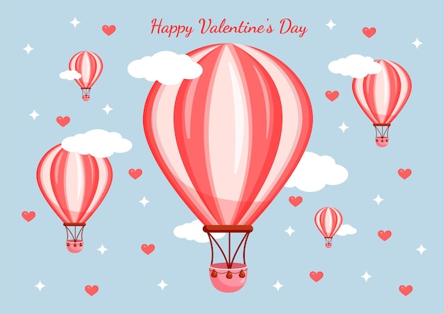 Illustrazione vettoriale di palloncini rosa sullo sfondo di nuvole cuori e cielo per San Valentino