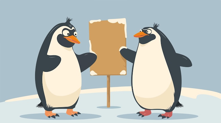 Vettore illustrazione vettoriale di pinguini giocosi che tengono segni