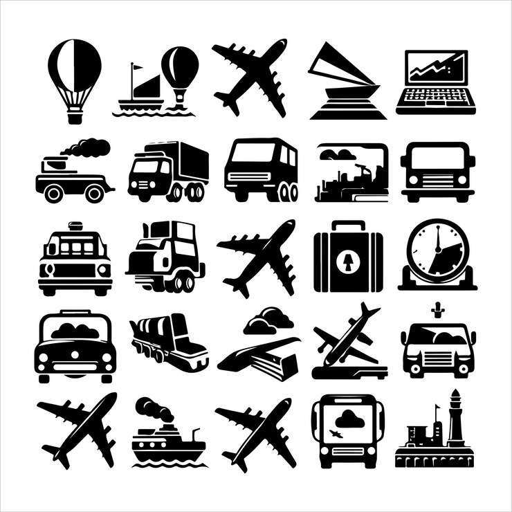 Vettore illustrazione vettoriale di raccolta di silhouette di trasporto minime su sfondo bianco