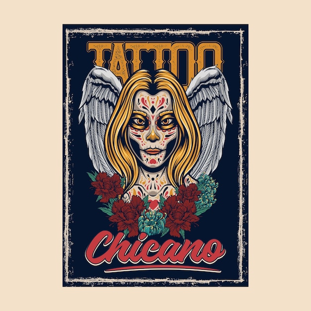 Illustrazione vettoriale di ragazza tatuata con ali e rose con stile di disegno a mano vintage disponibile
