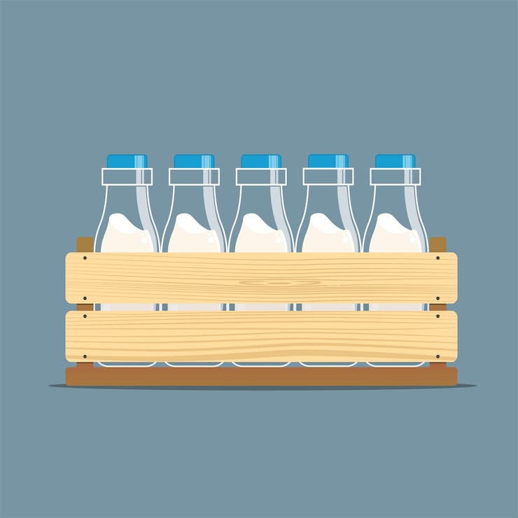 Vettore illustrazione vettoriale di scatola di verdure in legno con fori e bottiglie di latte vista frontale del cassetto della frutta cassa isolata su sfondo bianco scatola per la conservazione e il trasporto di alimenti design piatto
