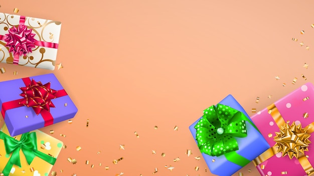 Illustrazione vettoriale di scatole regalo multicolori con nastri, fiocchi e ombre e piccoli pezzi lucidi di serpentino su sfondo pesca