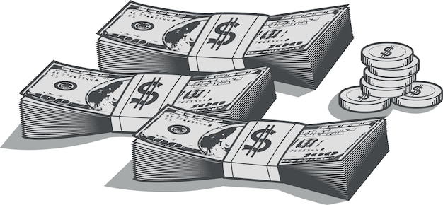 Illustrazione vettoriale di scorte di banconote da un dollaro e monete isolate su sfondo trasparente