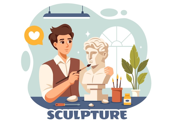 Vettore illustrazione vettoriale di scultura in pietra con un artigiano che scolpisce una roccia utilizzando strumenti di scultura a stile piatto cartoon background design