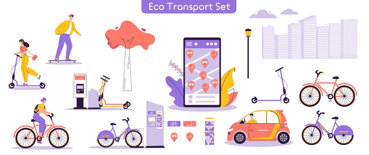 Illustrazione vettoriale di set di trasporto eco urbano. Pacchetto di personaggi uomo, donna in sella a scooter elettrico, biciclette, skateboard, guida di auto, utilizzando l'app mobile del servizio di noleggio. Stile di vita urbano moderno