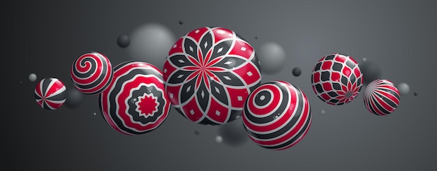 Illustrazione vettoriale di sfere lucide realistiche, sfondo astratto con bellissime palline con motivi ed effetto profondità di campo, concept art di design di globi 3D.