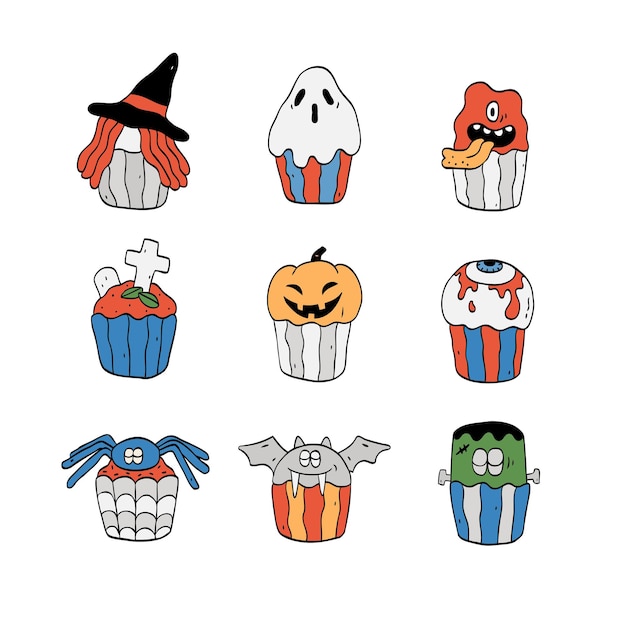 Illustrazione vettoriale di simpatici cupcakes di Halloween setIsolated su whitex9