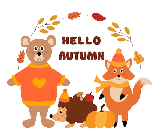 Illustrazione vettoriale di simpatico riccio volpe orso con cornice di foglie citazione Hello Autumn