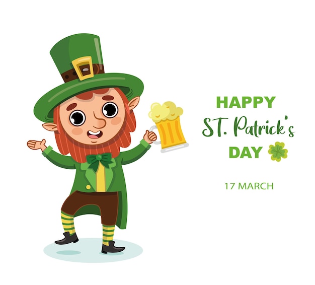 Illustrazione vettoriale di St Patricks Day con personaggio dei cartoni animati leprechaun