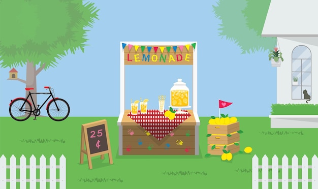 Illustrazione vettoriale di stand di limonata in giardino con cartello e cassa di legno di limone e succo di limone