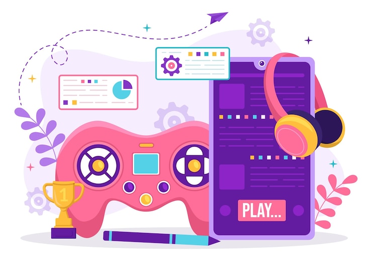 Vettore illustrazione vettoriale di sviluppo di videogiochi con programmazione e codifica di giochi in modelli disegnati a mano