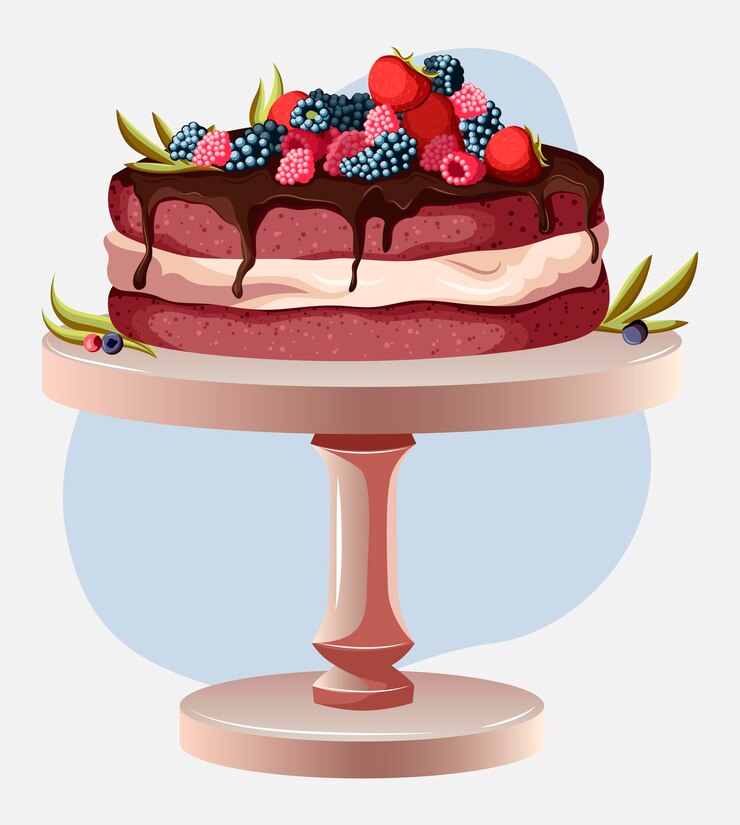Vettore illustrazione vettoriale di torta di frutti di bosco con crema pasticcera sul supporto per torta.