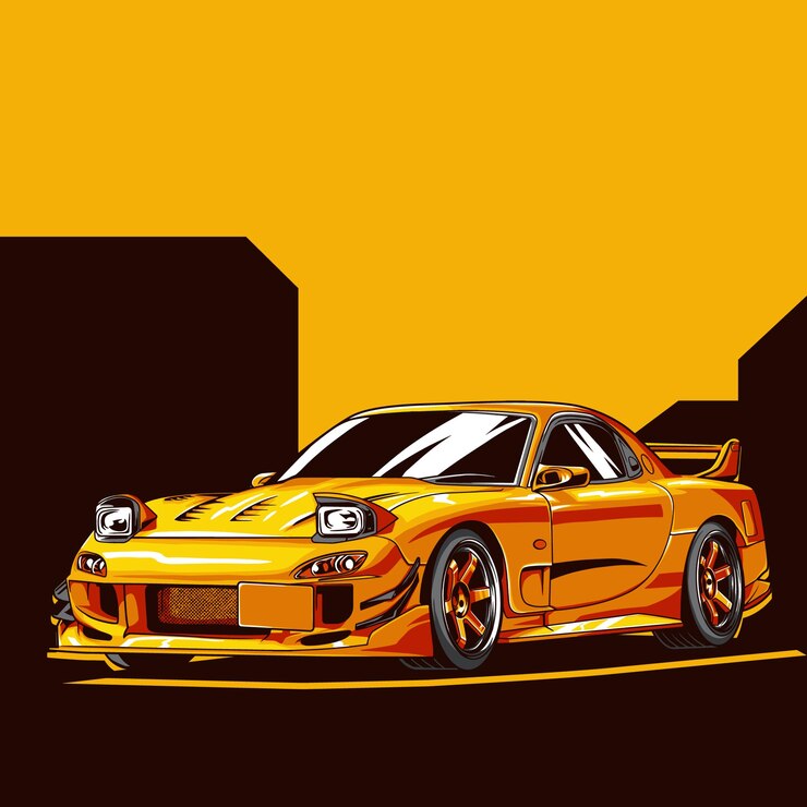 Illustrazione vettoriale di un'auto JDM modificata sullo sfondo arancione con stile disegnato a mano