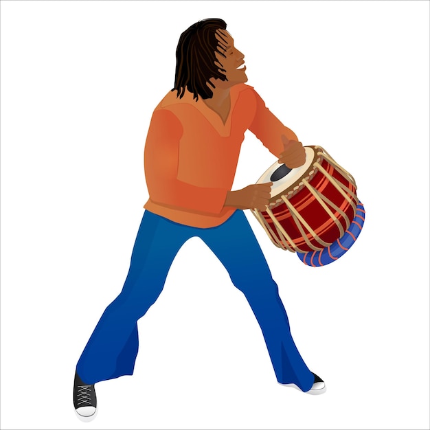Illustrazione vettoriale di un ballerino maschio afroamericano con tamburo. Tamburo tamblé.