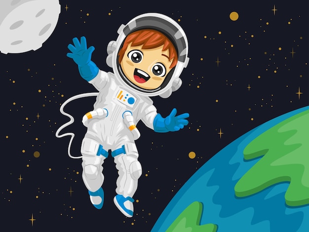 Illustrazione vettoriale di un bambino astronauta che indossa una tuta da astronauta completa con casco che galleggia nello spazio tra la terra e la luna