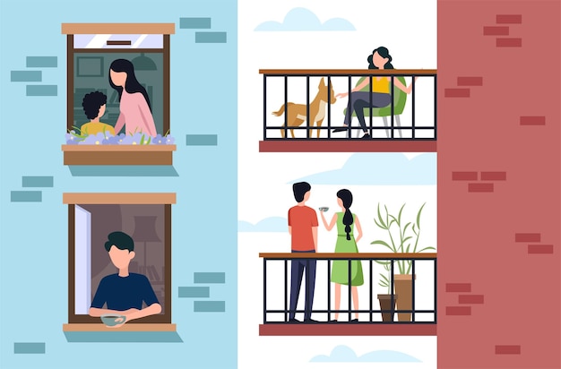 Illustrazione vettoriale di un bellissimo balcone con persone Illustrazione a fumetti di persone che si rilassano sul balcone con un cane che beve caffè e che possono essere viste nella loro stanza