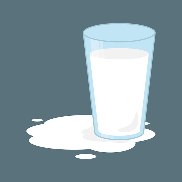 Illustrazione vettoriale di un bicchiere di latte e latte versato su uno sfondo grigio