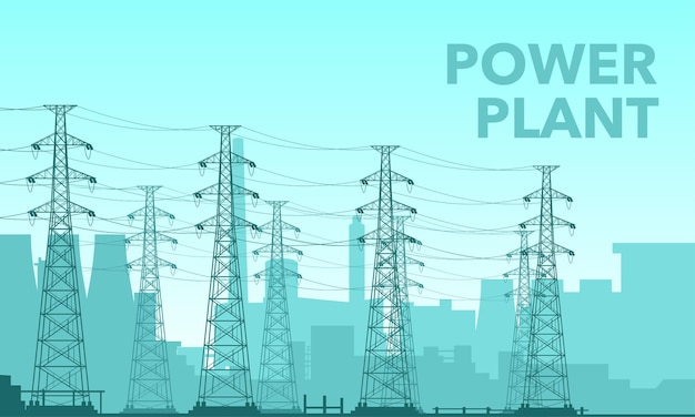 Illustrazione vettoriale di un campo di una centrale nucleare Sfondo della sagoma delle reti elettriche ad alta tensione