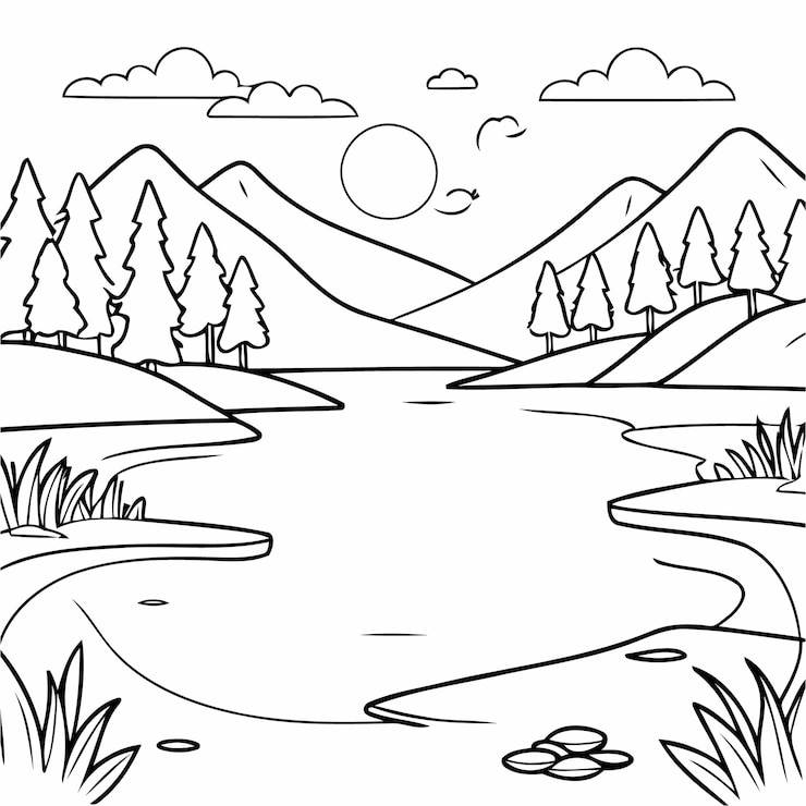 Vettore illustrazione vettoriale di un carino disegno di un lago per bambini