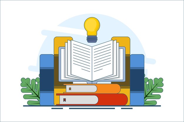 illustrazione vettoriale di un concetto di riferimento per libri o di una biblioteca con una pila di libri e una lampadina